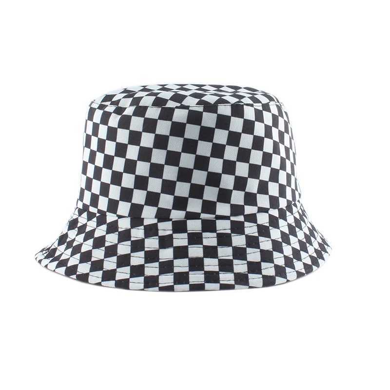 Wide Brim Hats Bucket Hats 2023 New Brand Black White Plaid Check Bucket Hats Fishing Caps Women Mens Reversible Fisherman Hat