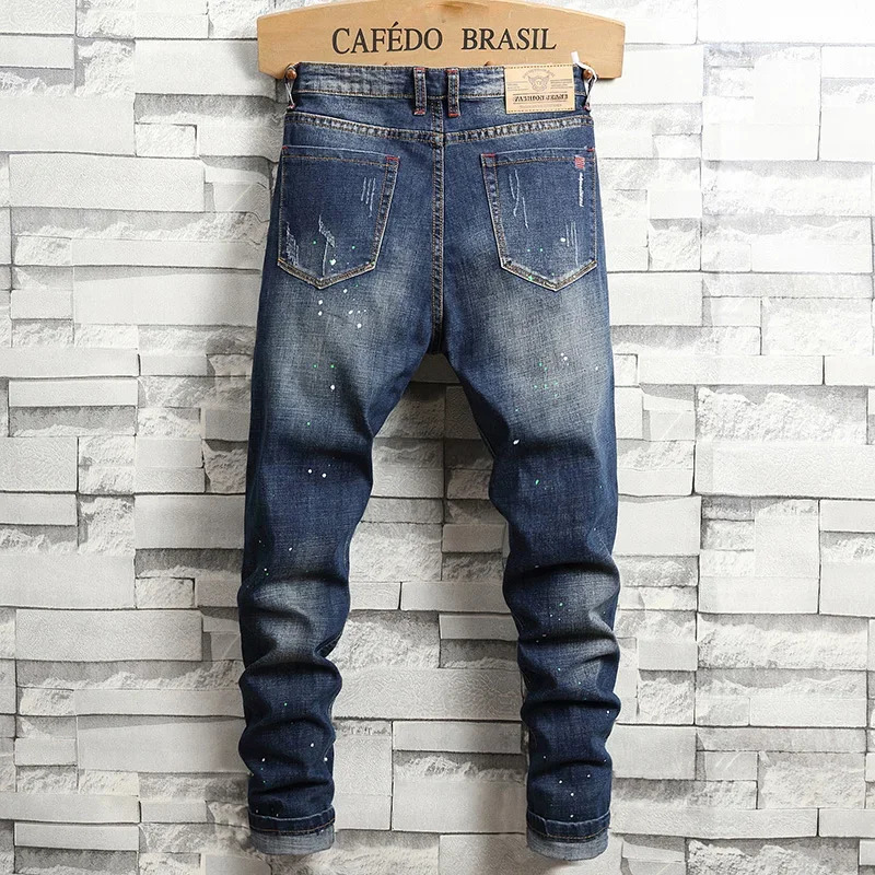 Spring Style Retro Fashion Ripped Slim Jeans for Men High Street Versatile Stretch Straight Leg Denim Trousers Male 240619