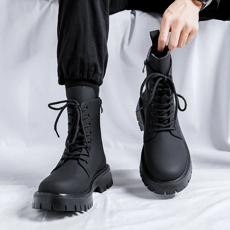 Trend Men Boots Black Sneakers Outdoor Fashion High Top Wholesale Punk Shoes for Men Casual Leather Street Style Ankle Boots Men 240629