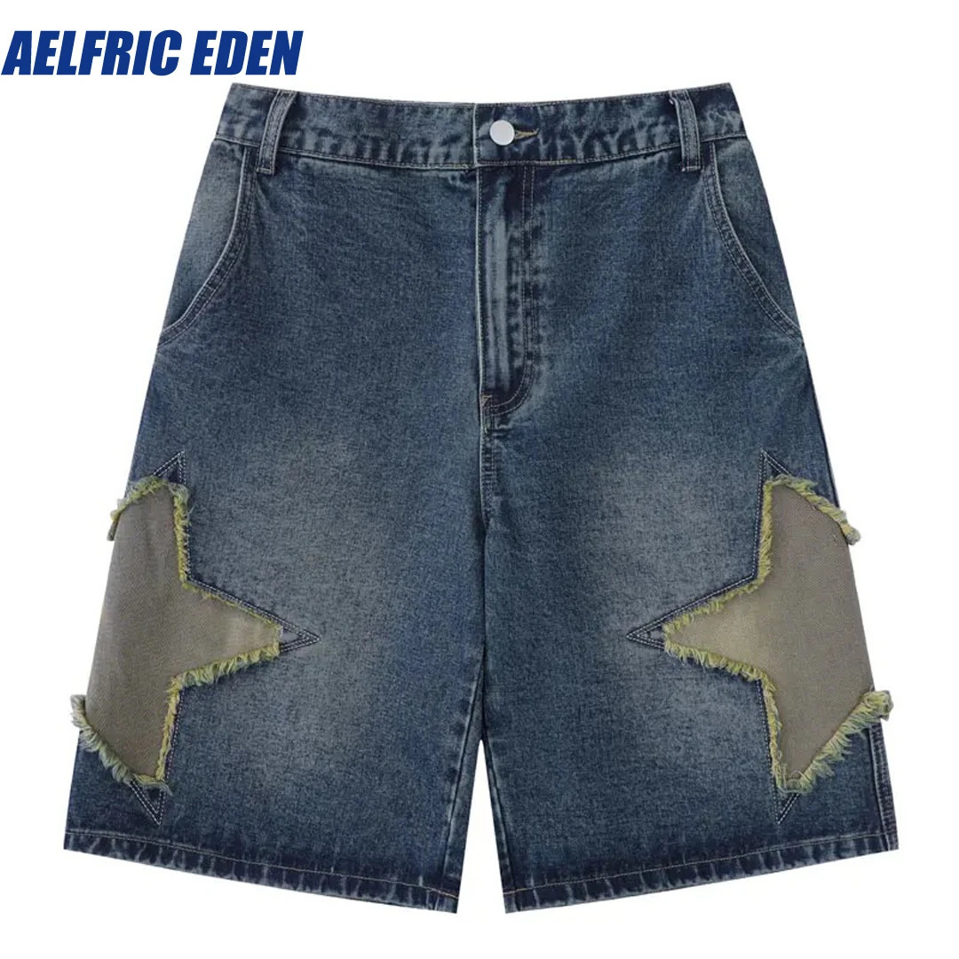 Aelfric Eden Retro Embroidery Star Patch Baggy Denim Shorts Men Jeans Shorts Y2K Harajuku Streetwear Summer Casual Short Pants 240626