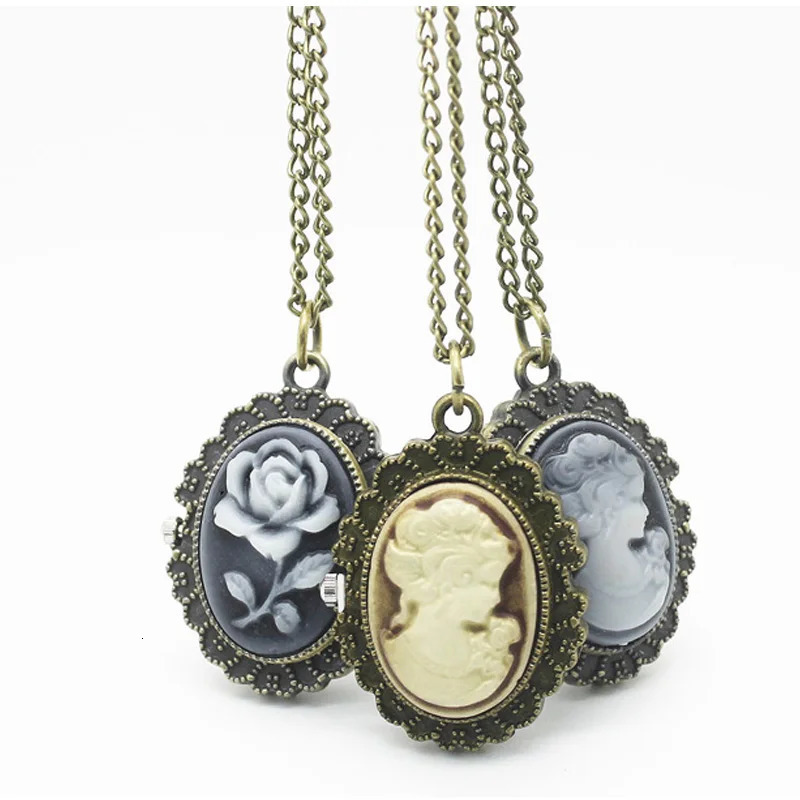 4003 Wholesale Vintage Lady Cameo Pocket Watch Necklace pendant 12pcs/lot concert Christmas party gift 240626