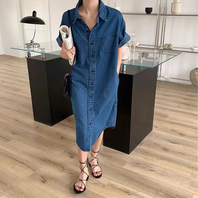 Vintage Blue Jeans Dresses Summer Women Shirts Vestidos Short Sleeve Button Up Pocket Loose Vacation Party MIDI Denim Dress 240629