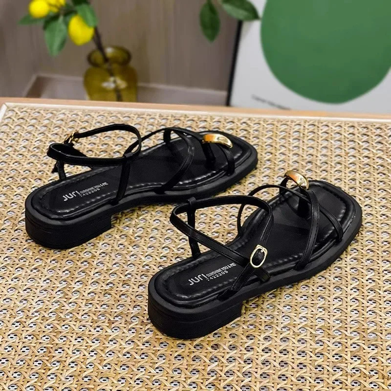 Heeled Sandals Shoes Womens Black Beach Summer Girls Low Comfort Sports Casual Solid 240629