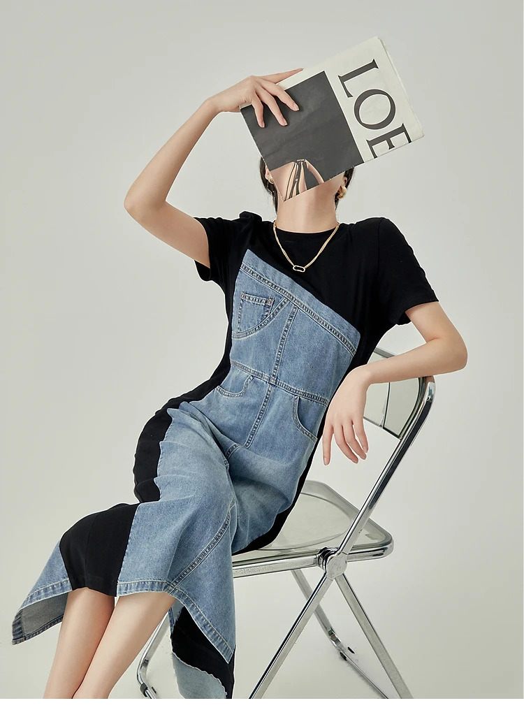 Summer Vintage Short Sleeve O-neck Patchwork Denim Mid Long Dresses Womens Causal Y2K High Waist High Street A-Line Dress 240629