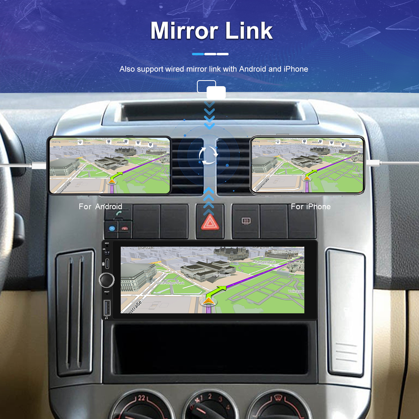 Podofo 6.86" Android Car Radio HD Mirror Touch Screen Carplay Multimedia Stereo MirrorLink BT USB FM Player MP5 GPS Navigation