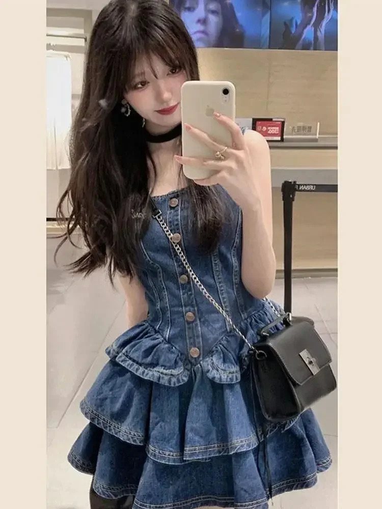 Summer French Strap Jeans Dress Women Robe Slim Waist Princess Pomped Dress Slash Neck Dress Denim Clothing 240629