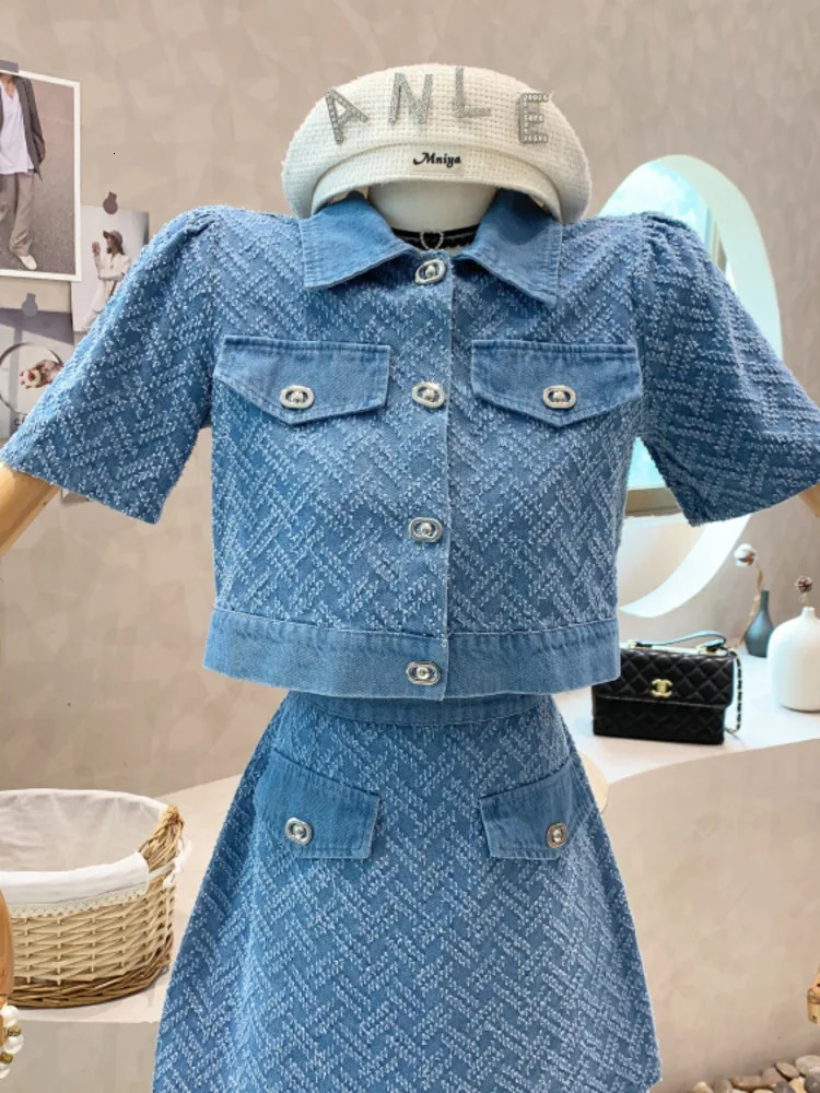 Summer Street Fashion Womens Suit With Skirt Denim Short Sleeve Top Sweet Girl Female Blue Plaid 2 Piece Set 240627