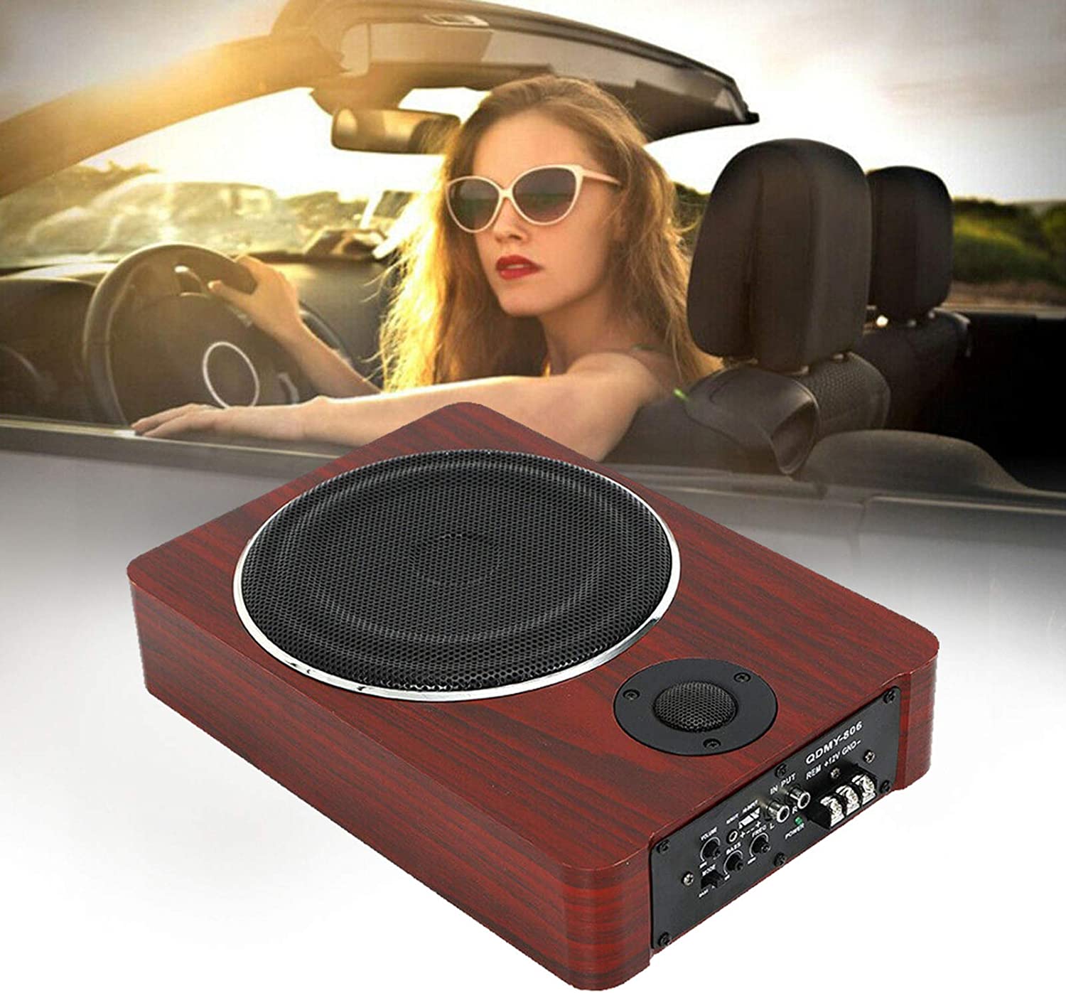 8" Under-Seat Powered Active Hideaway Car Truck Wood Subwoofer Amplifier Player Audio Bass HiFi Slim Speaker 600W 12V