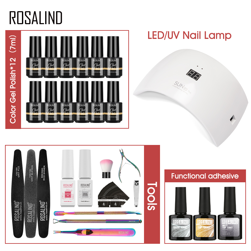 ROSALIND Nail Gel Manicure Set Lamp Gel Tools Kits For Nails Art UV Lamp Semi Permanent Nail Gel Polish Set With Base Top Coat