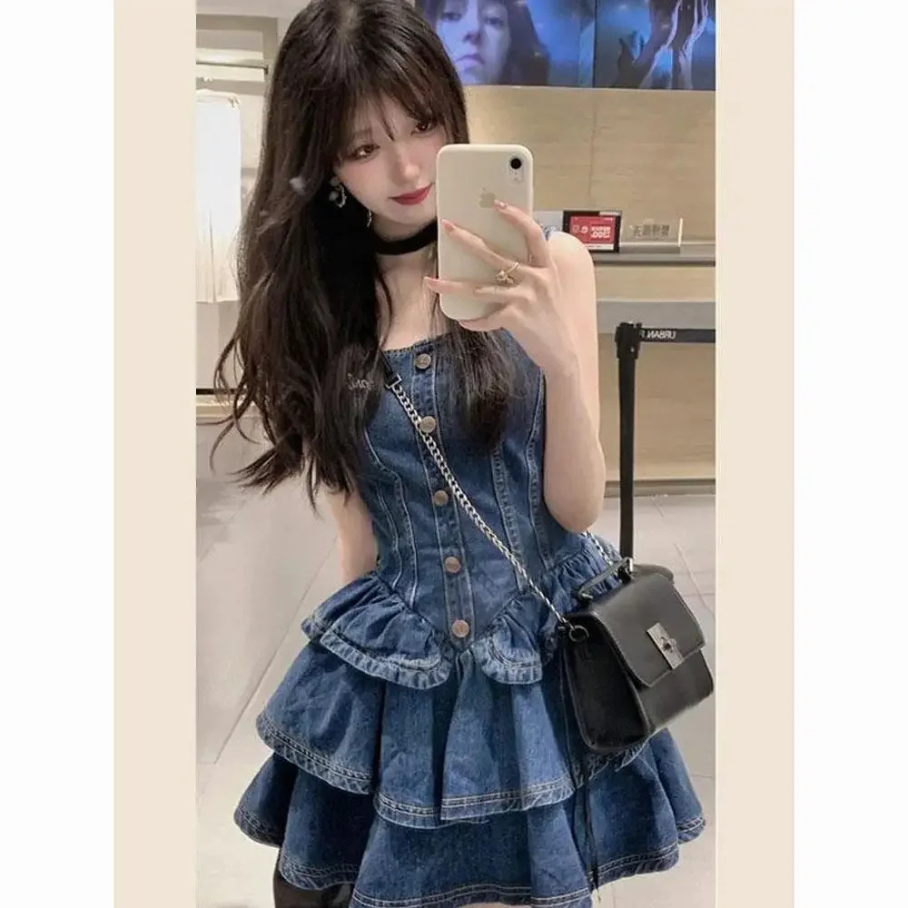 Summer French Strap Jeans Dress Women Robe Slim Waist Princess Pomped Dress Slash Neck Dress Denim Clothing 240629