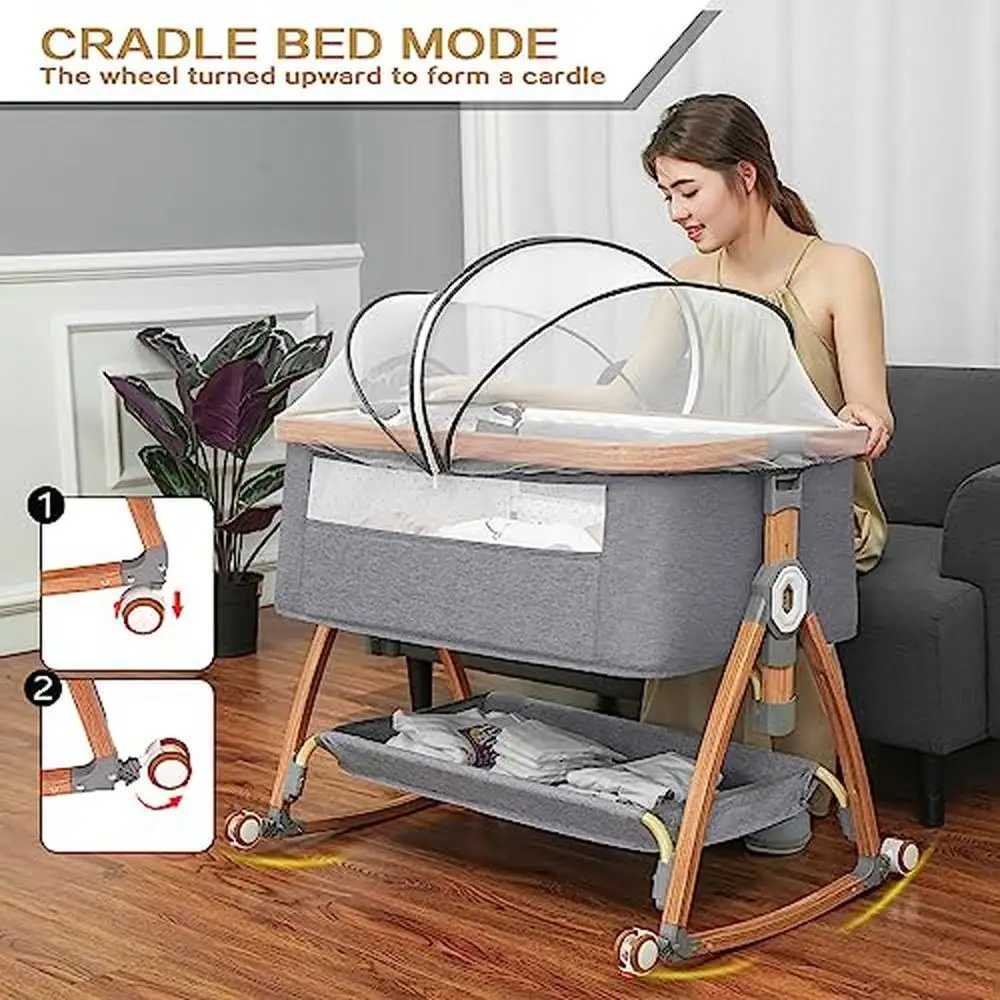 Baby Cribs Bedside Bassinet Baby Sleeper Crib with Wheels Storage Basket Mosquito Nets Aviation Aluminum Alloy Frame Adjustable Height Easy WX