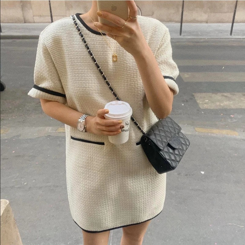 Spring Autumn Office Lady Mini Tweed Dress Women Short O-Neck Half Sleeve Straight Casual Style for Female Dress Vestidos 240625