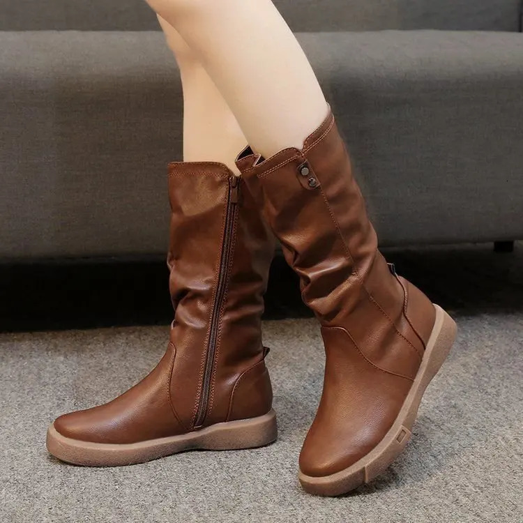 Women Ankle Boots Ladies Shoes Slip on Mid Calf Boots Platform Soft PU Leather Long Boot Footwear Woman Fashion Autumn Winter 240629