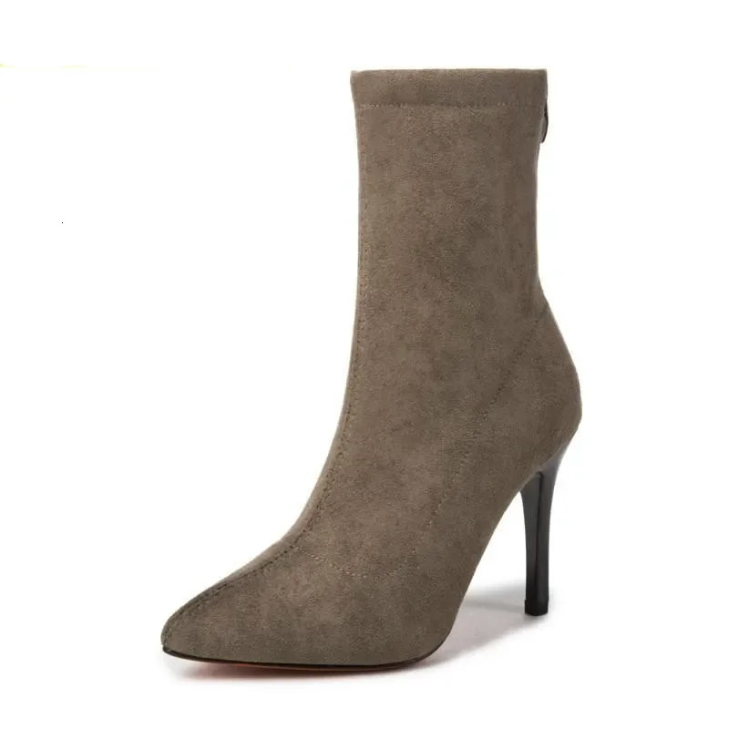 Mid-barrel Boots Elastic Boots Pointed Toe Thin Heels For Women Mujer Black Ankle Stretch Fabric Winter High Heel Boots Rome 240629