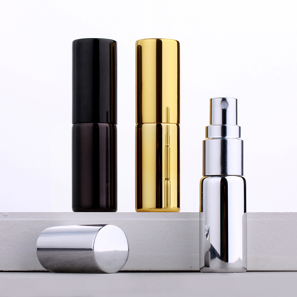 50Pcs/lot 5ML Mini Spray Bottle Black Gold Silver Refillable Glass Perfume Bottle Portable Cosmetic Sample Vial