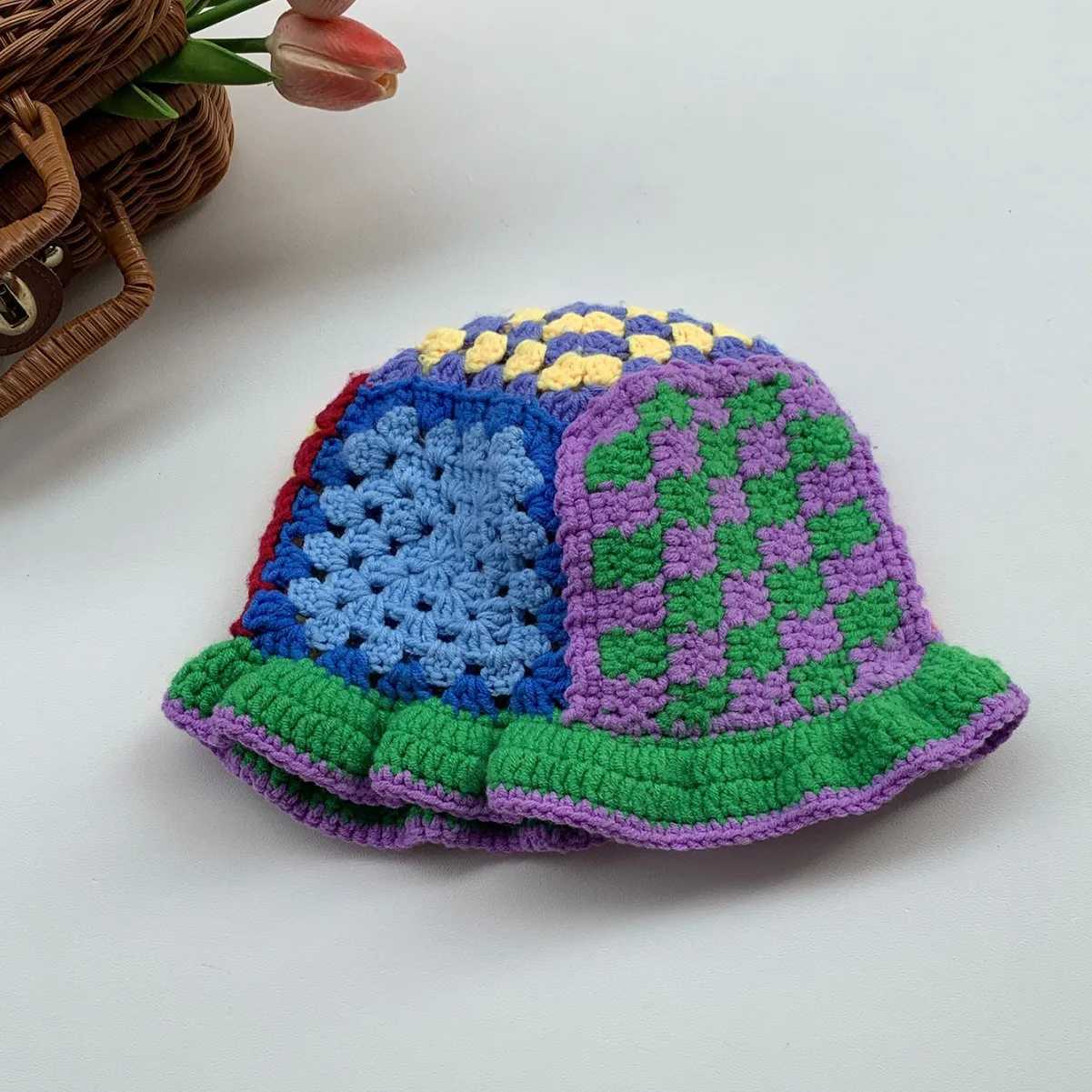 Wide Brim Hats Bucket Hats Japanese Retro Hollow Flower Handmade Knitted Basin Hat Female Sweet Face Small Versatile Crochet Wool Bucket Hat