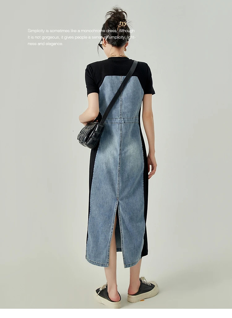 Summer Vintage Short Sleeve O-neck Patchwork Denim Mid Long Dresses Womens Causal Y2K High Waist High Street A-Line Dress 240629