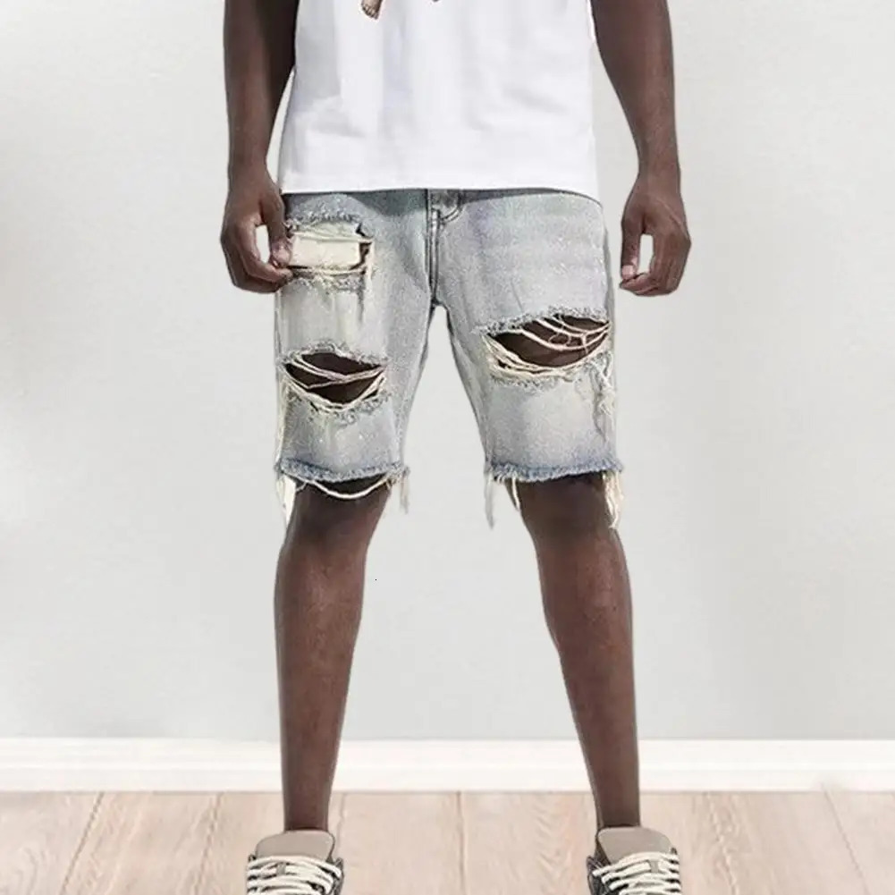 Ripped Holes Denim Shorts Vintage Men Jeans Mens Distressed Stylish Straight Fit Multi Pockets Short Pants 240619