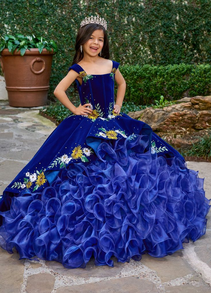 Sunflowers Embroidery Ball Gown Quinceanera Dresses Ruffles Tiered Organza Skirt Off Shoulder Royal Blue Prom Party Gowns Vestido De 15 Anos
