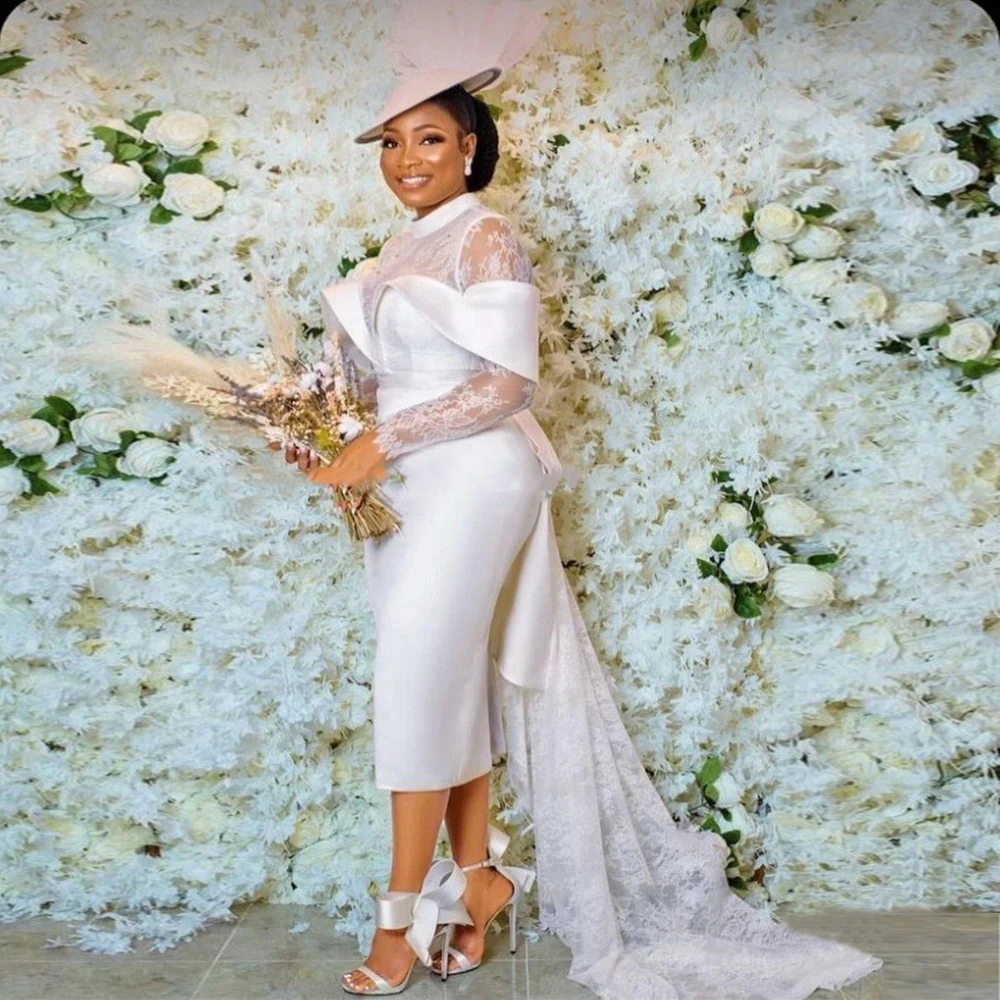 Modern Lace Sheath Wedding Dresses Tea Length Lace Long Sleeves Open Back High Collar Off Shoulder Elegant Wedding Gowns With Detachable Bow Train