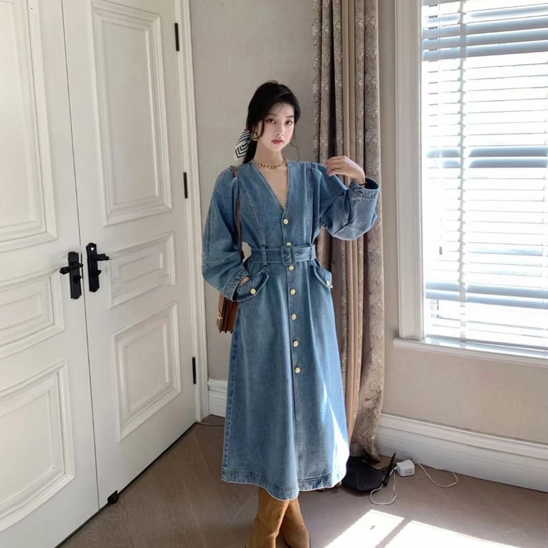 Vintage V-Neck Women Denim Dress Long Sleeve Loose A-Line Long Jean Dress French Style Elegant Female Vestidos 240629