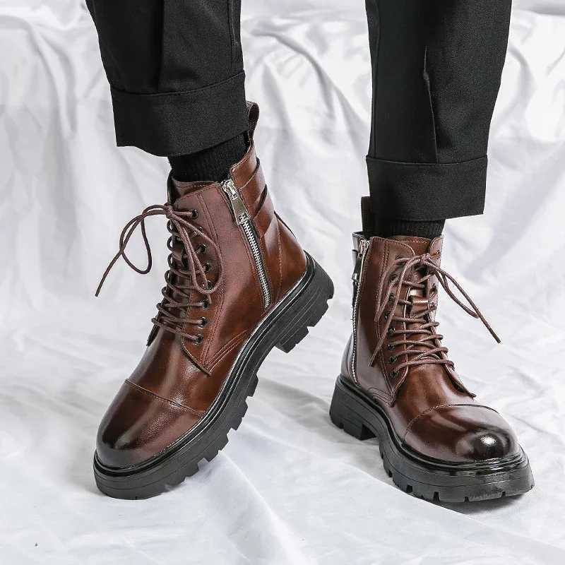 Boots Mens Boots 2023 Winter New Martin Short Boots Mid Barrel Round Head High Top Leather Boots Mens Shoes XW6.5
