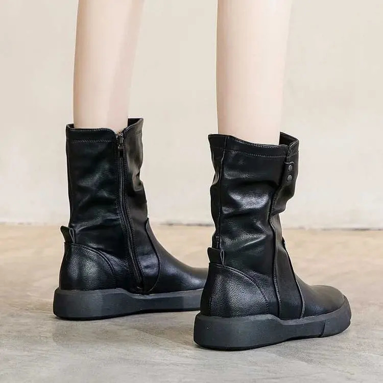 Women Ankle Boots Ladies Shoes Slip on Mid Calf Boots Platform Soft PU Leather Long Boot Footwear Woman Fashion Autumn Winter 240629