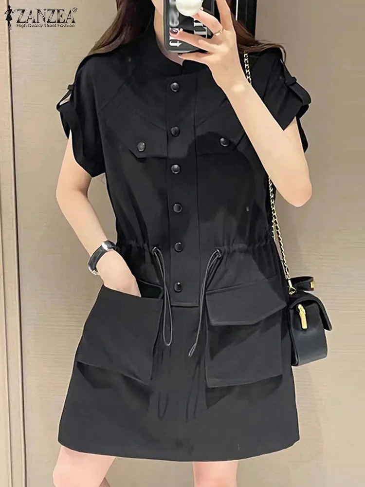 ZANZEA Women Korean Fashion Cargo Vestidos Short Sleeve Casual Button Up Drawstring Waist Mini Dress Work Wear Short Sundress 240629