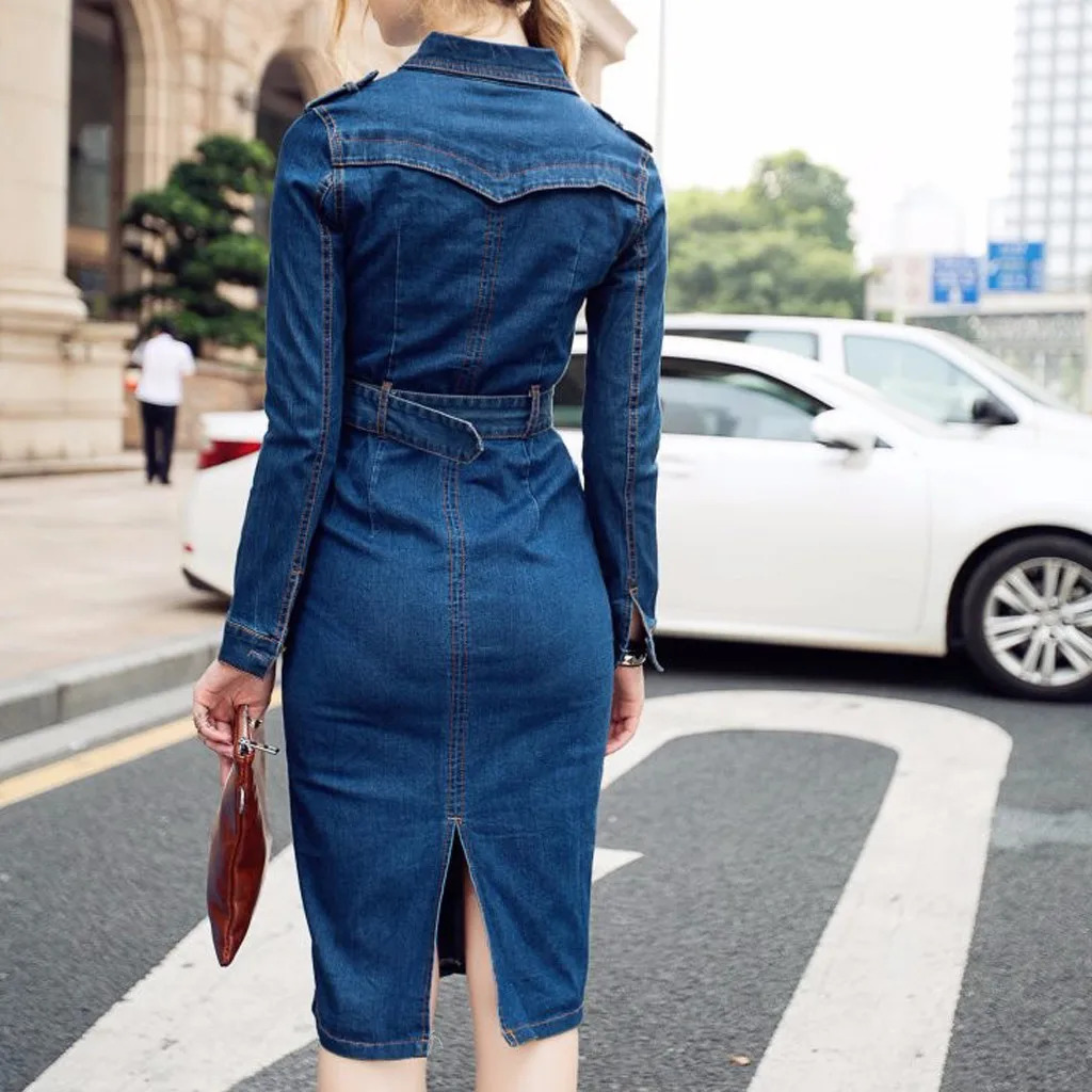 Fashion Jeans Dress Denim Dresses Winter Office Slim Jeans Long Sleeve Mid-Cuff Denim with Belt for Women Jeans Dress Long Dress 240629