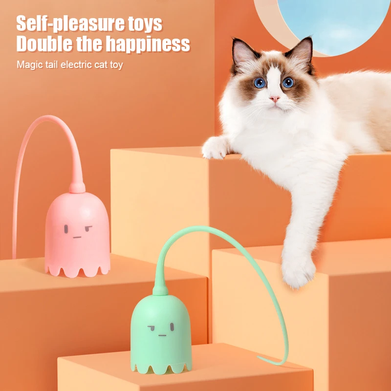 Interactive Cat Toys USB Electric Intelligent Rolling Ball Toy Cats Pet Silicone Automatic Rotate Mouse Tail Kitten Teaser Stick