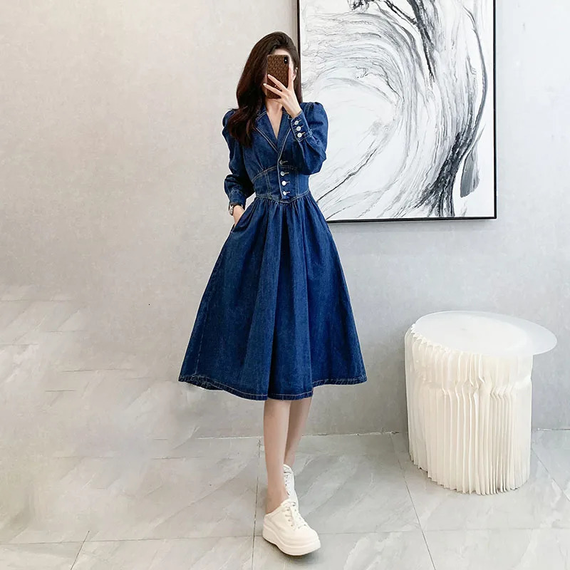 Womens Denim Dress Spring Autumn American Retro Long Sleeved Single Breasted A-line Dresses Temperament Slim Vestidos 240629