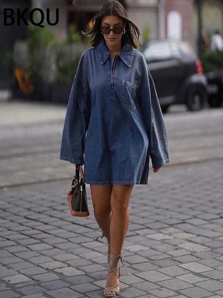 BKQU Mini Dress Women A-Line Denim Dresses Casual All-match Lapel Long Sleeve Zip Loose Female Streetwear Cowboy Dress 240629