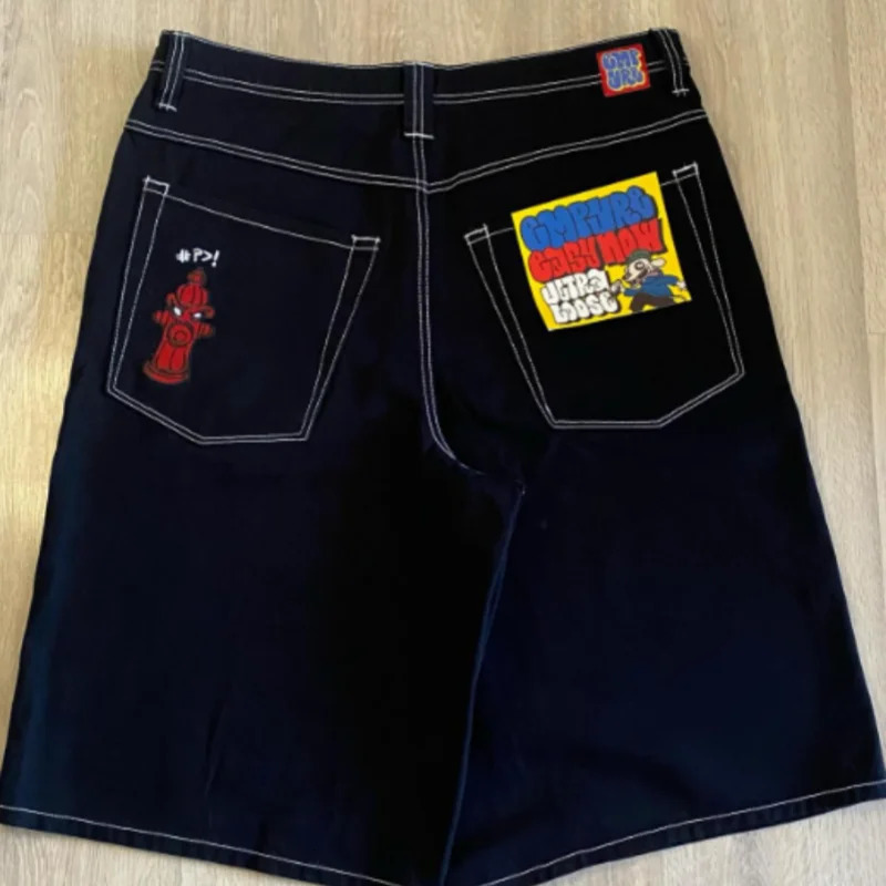 American High Street Cartoon Graphic Embroidery Baggy Jeans Waist Wide Leg Trouser Hip Hop Harajuku Big Boy Y2k Streetwear 240626