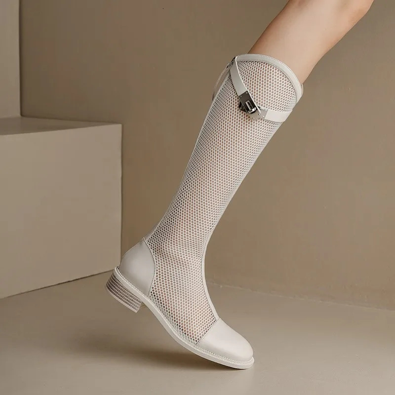Leather Long Boots Mesh Breathable High Tube Summer Shoes Women Fashion Ladies Dress Hollow Low Heels Sandals Outdoor 240629