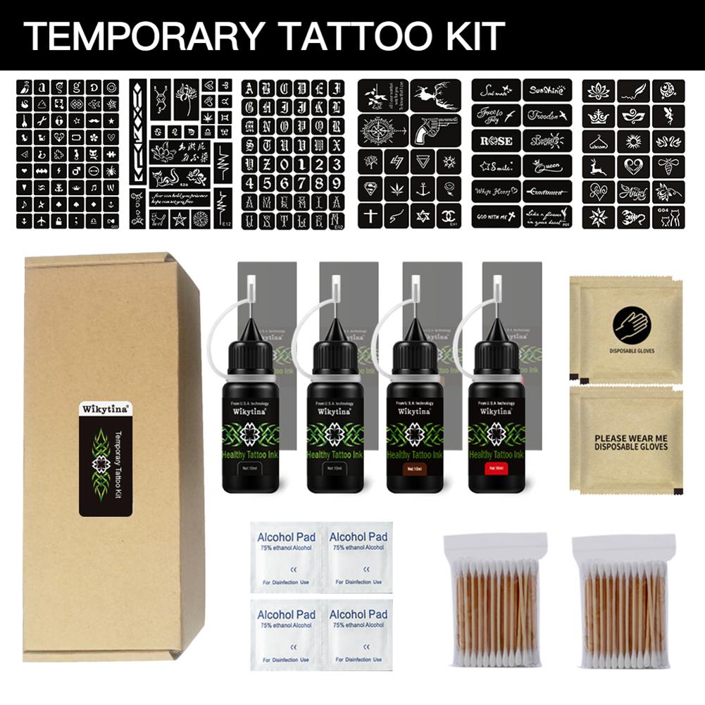Temporary Tattoo Kit Semi-Permanent Tattoo Set with 171 pcs Free Tattoo Stencils Full Kit 4 Bottles (Black Red Brown)