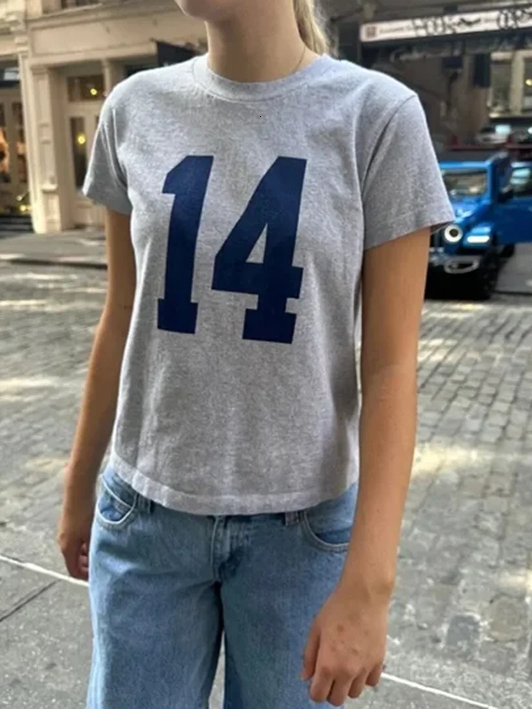 14 Letter Print American Vintage T-Shirt Woman Round Neck Cotton Tee Shirts Vintage Short Sleeve Gray Streetwear Y2k Crop Top 240629