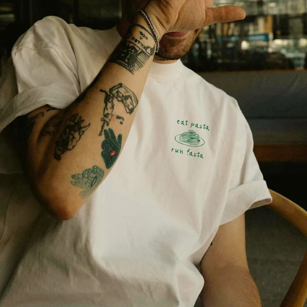 Eat Pasta Run Fasta Funny Printing Graphic T Shirts Summer Short Sleeve Loose Unisex Tees White Cotton Casual Shirts 240629