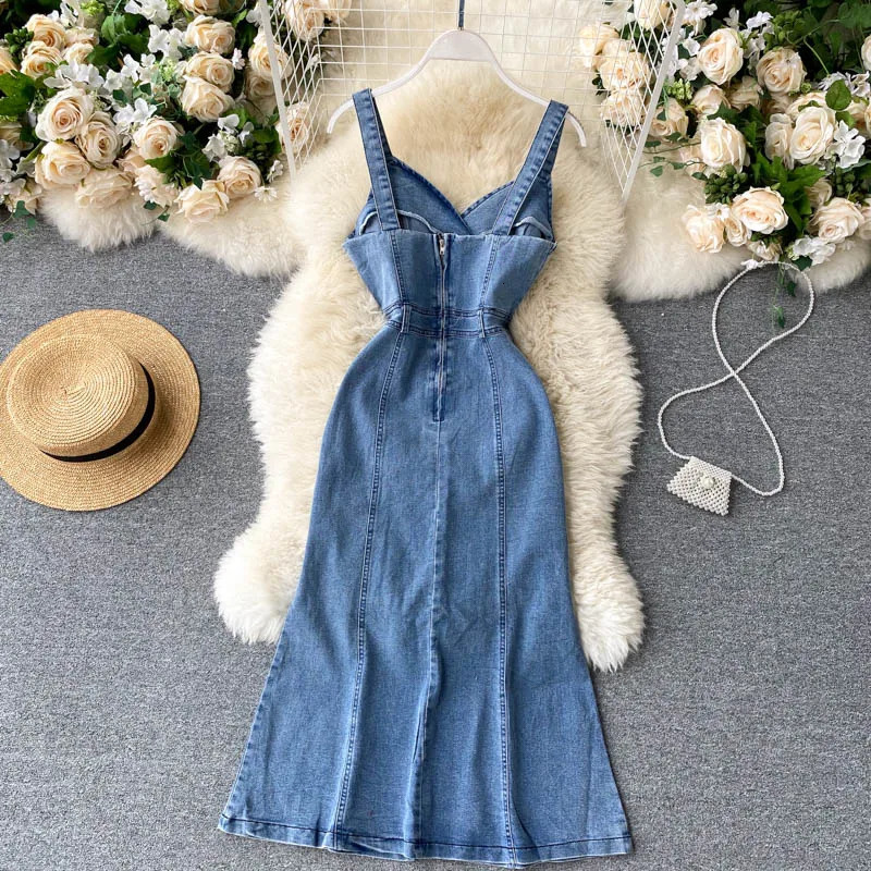 Summer Women Denim Dresses Sleeveless V-Neck Strap Jean Slim Fit Slit Long Dress S-5XL Plus Size Elegant Female Party Frock 240629