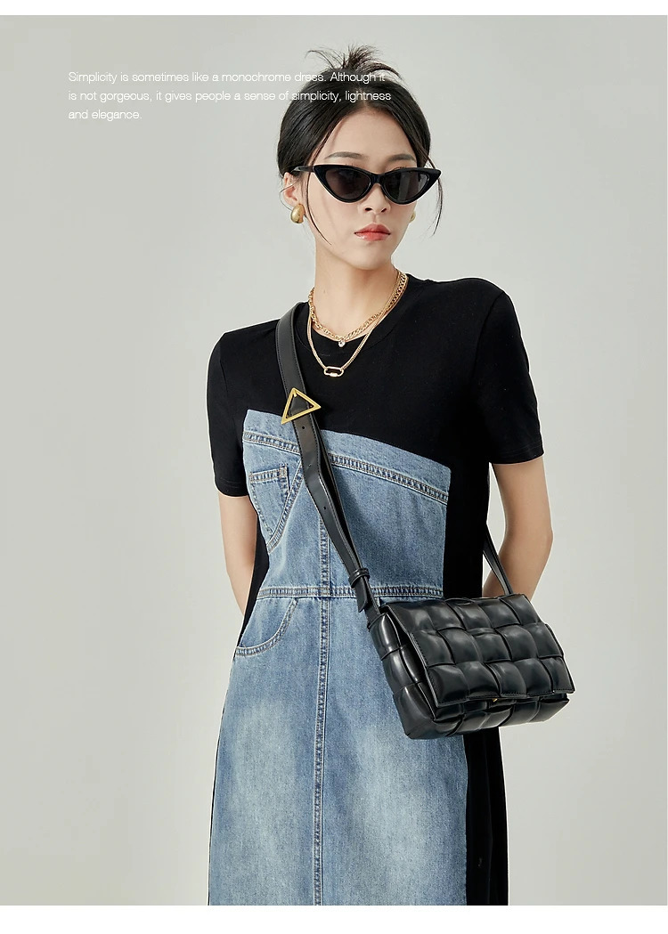 Summer Vintage Short Sleeve O-neck Patchwork Denim Mid Long Dresses Womens Causal Y2K High Waist High Street A-Line Dress 240629