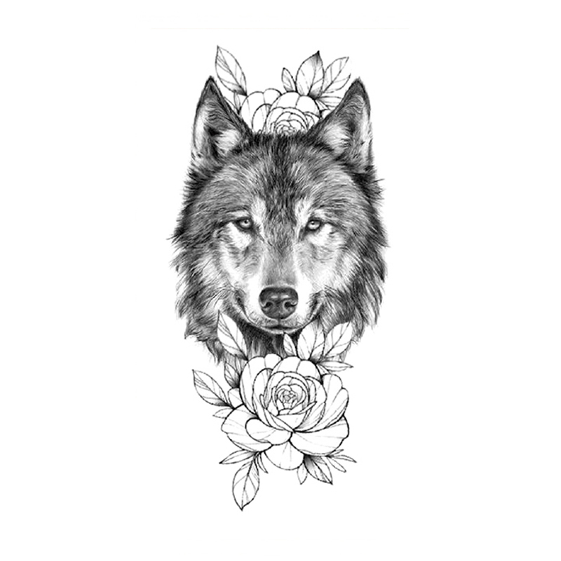 Black Wolf Totem Waterproof Temporary Tattoo Sticker Sketch Flowers Leaves Fake Tattoos Flash Tatoos Arm Body Art for Women Men