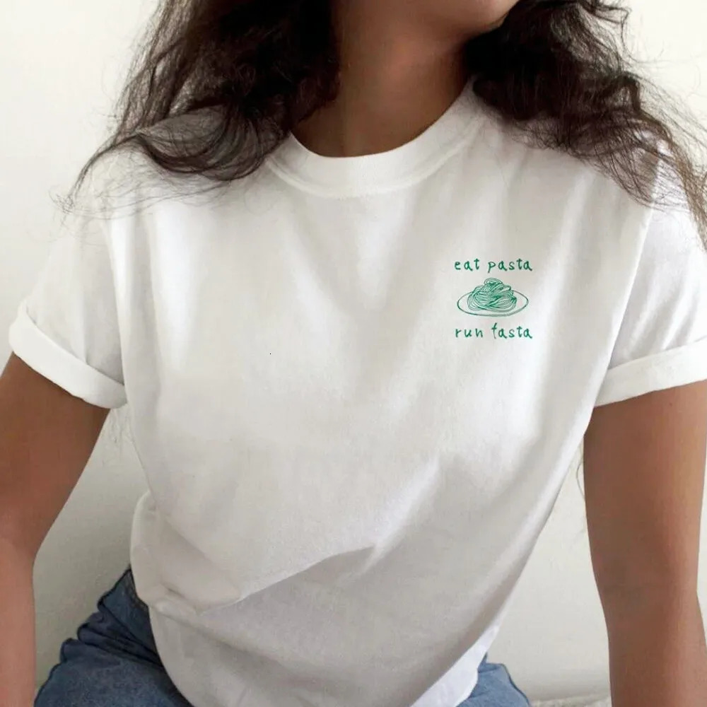 Eat Pasta Run Fasta Funny Printing Graphic T Shirts Summer Short Sleeve Loose Unisex Tees White Cotton Casual Shirts 240629