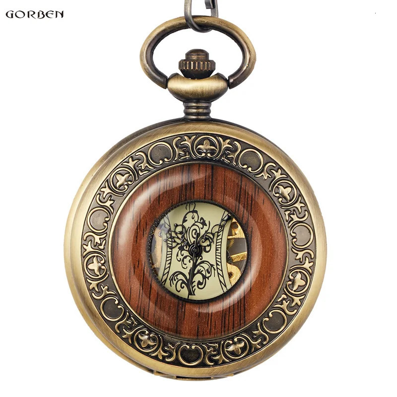 Retro Wood Circle Skeleton Pocket Watch Men Women Unisex Mechanical Hand-winding Vintage Roman Numerals Necklace Steampunk Watch 240626