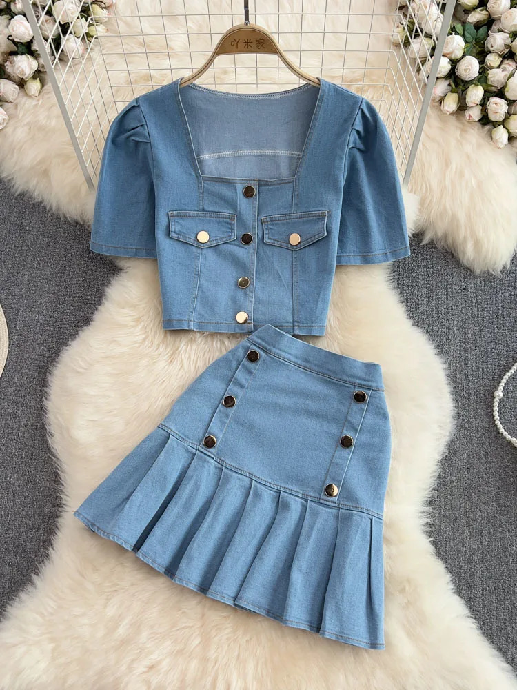 Womens Set Jeans 2 Pieces Suits Woman Matching Sets Buttons Jumpers Mini Skirt Short Sleeve Female Clothes Costumes 240627
