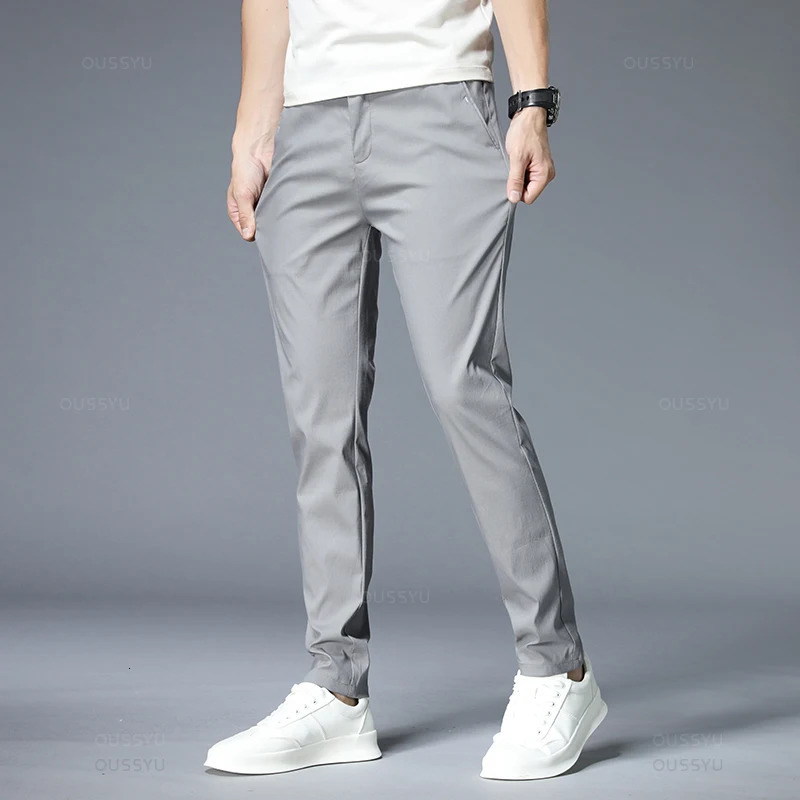 Summer Casual Pants Men Thin Stretch Slim Fit Elastic Waist Business Classic Korean Work Cotton Trousers Male Khaki Gray Green38 240627