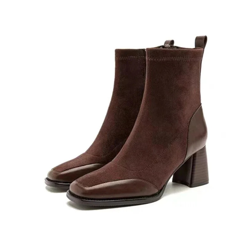 Ladies Shoes Square Toe Solid Womens Boots Trend Outdoor Short Tube Boots Square Heel Zippered High Heels Shoes 240629