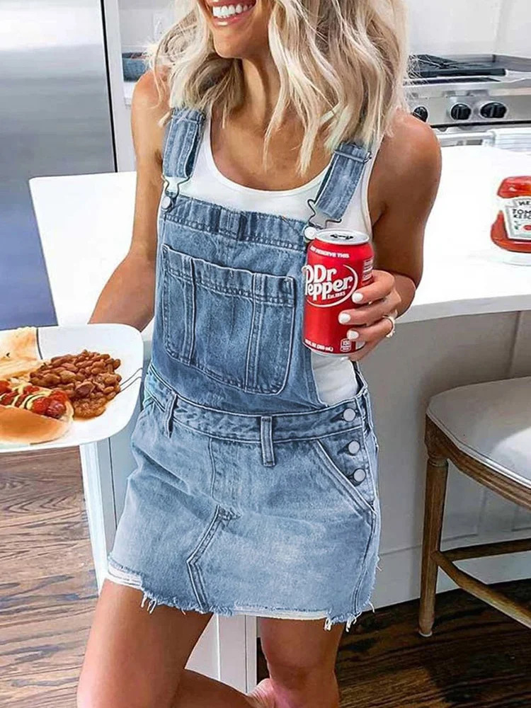 Womens Frayed Hem Adjustable Strap Denim Overall Dress Classic Casual Mini Jean Dresses Pocket Sleeveless Suspender Short Skirt 240629