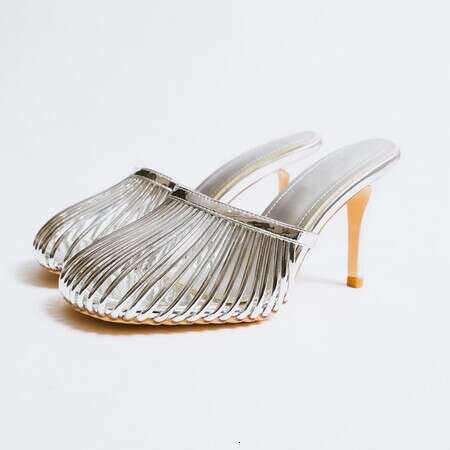 2024 Leather Mesh Hollow Sandals Square Head High 12Cm Thin Heel Fashion European American Outside Slippers 35-45
