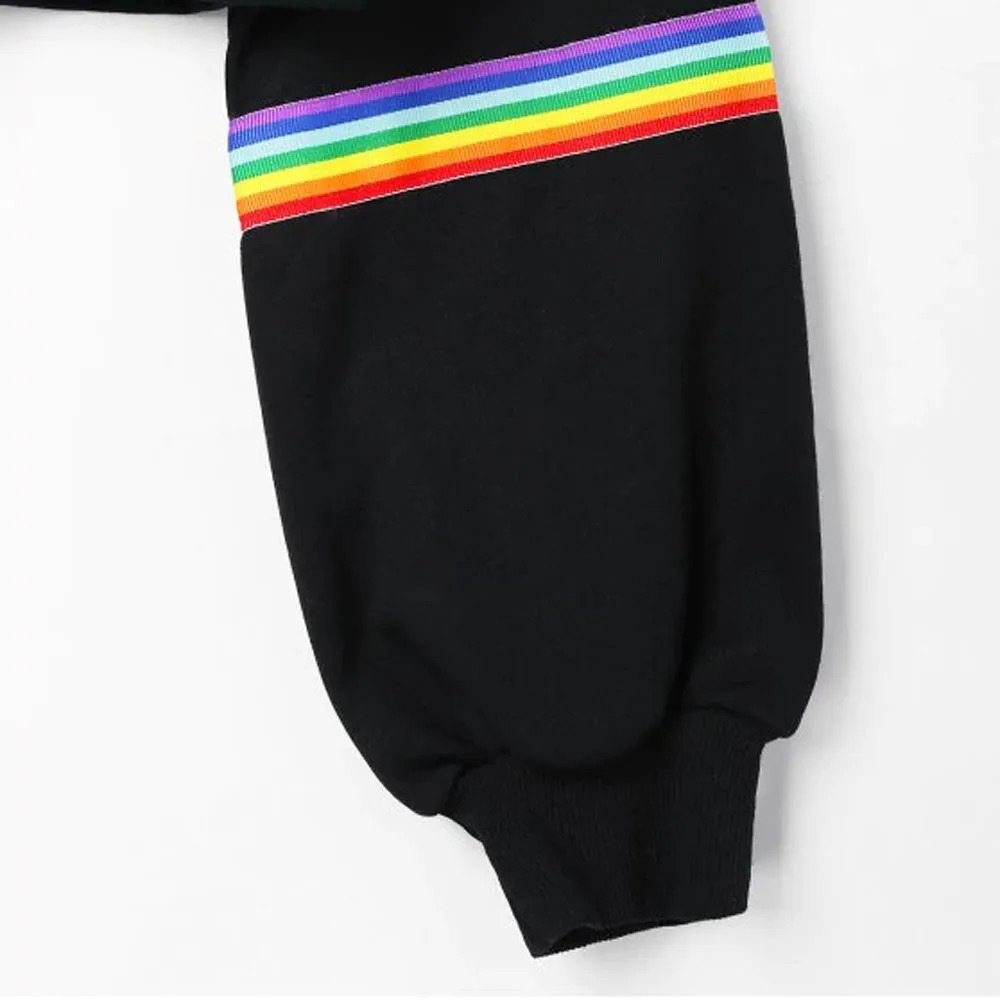 Rainbow Striped Patchwork Hoodie Fashion Girls Autumn Long Sleeve O Neck Crop Top Sweatshirts Hip Hop Pullover Blouse In Stock 240627