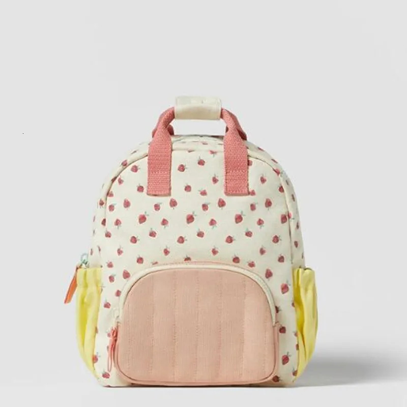 cotton canvas dopamine strawberry print color matching cute children backpack 240621