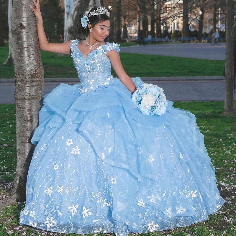 Sky Blue Quinceanera Dresses Ball Gown Prom Dresses Applique Beads Tull Sweet 16 Dress Birthday Party Princess Gown Vestidos De